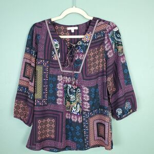 Skies Are Blue Patchwork Floral Boho Purple Embroidered Blouse Size Small